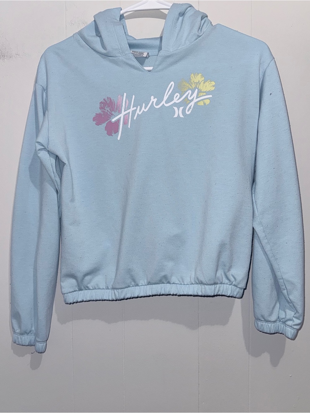 Hurley Girls Light Blue Tropical Graphic Cropped Hoodie Size L (12-13 YRS)
